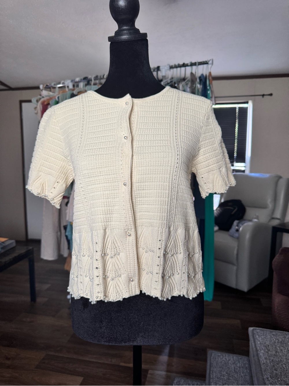 Caroline Constas New York XS Cream Pearl Embellished Knit Cardigan Top